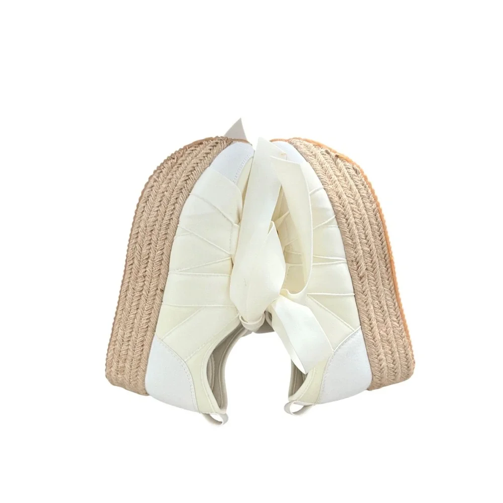 Menina Off White Satin Ribbon Bow Espadrille Platform Sneakers Womens
